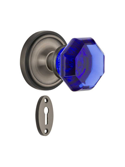 Classic Rosette Mortise Lock Set with Colored Waldorf Crystal Glass Knobs Cobalt Blue in Antique Pewter.